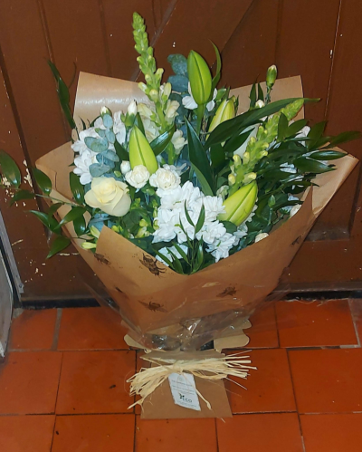 Evelyn Eco Hand tied - White and green premium hand tied bouquet order today for delivery or collection in Whitley Bay. Same day delivery available at The Garden Shop Florist