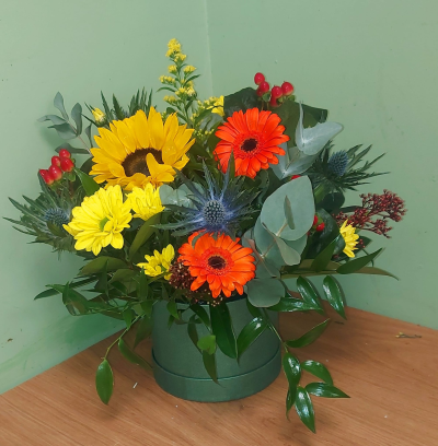 Burst of Joy - Hat box arrangements delivered in Whitley bay by The Garden Shop Florist, Same day delivery or collection. Order online.