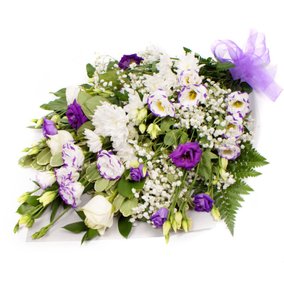 Funeral flowers in cellophane white or white and purple - Funeral flowers in cellophane order online for delivery in Whitley Bay by The Garden Shop Florist.