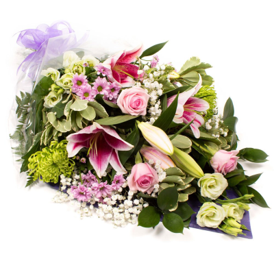 Funeral Flowers in cellophane pink and white - Order Funeral flowers in cellophane today online for delivery in Whitley Bay bt The Garden Shop Florist