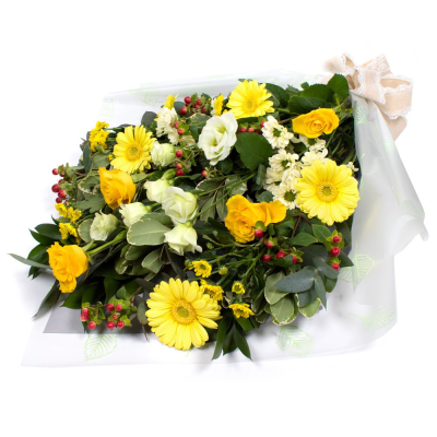 Funeral flowers in cellophane yellow and white - Yellow and white funeral flowers order online today for delivery in Whitley Bay by The Garden Shop Florist. Same day delivery available.
