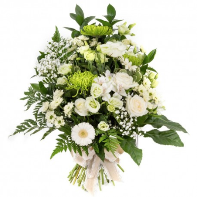 Green and white tied sheaf - Funeral flower flowers delivered in Whitley Bay by The Garden Shop Florist. Order online today .