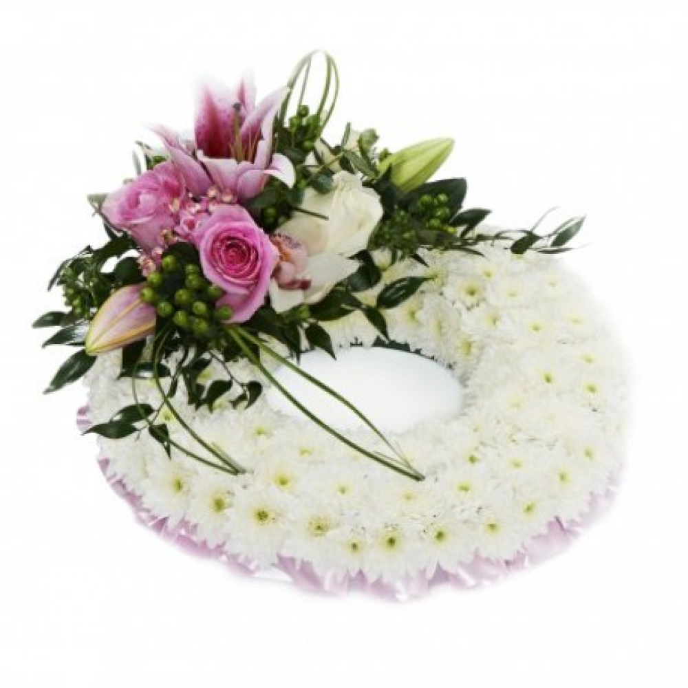 White based wreath with top spray
