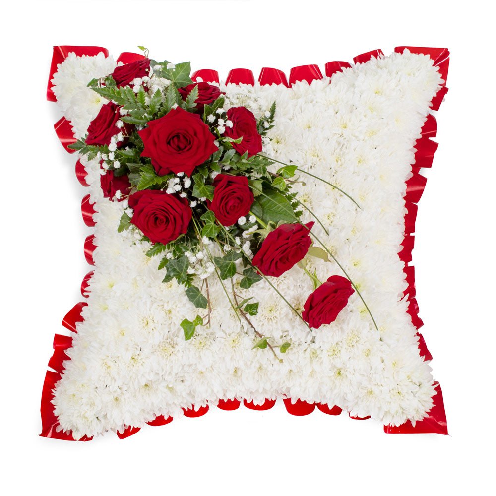 White based cushion with red top spraySYM-333